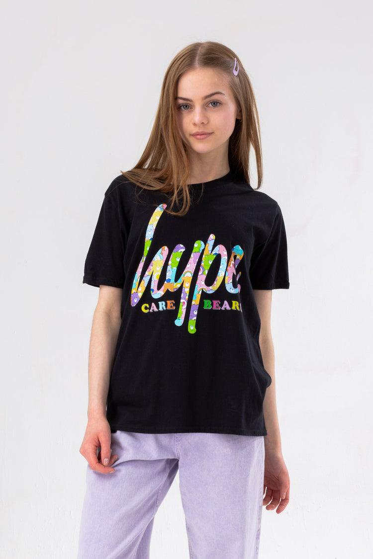 HYPE X CARE BEARS GIRLS BLACK RAINBOW SCRIPT T-SHIRT