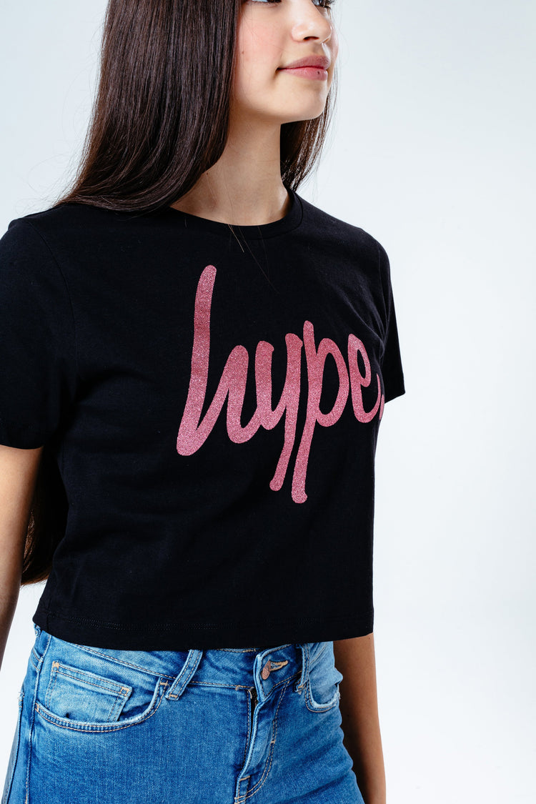 Hype Pink Glitter Script Kids Crop T-Shirt