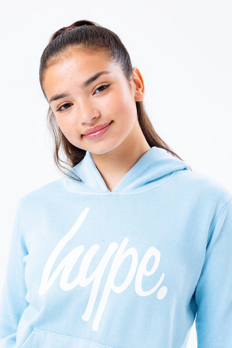 HYPE WASHED BABY BLUE SCRIPT LOGO KIDS PULLOVER HOODIE