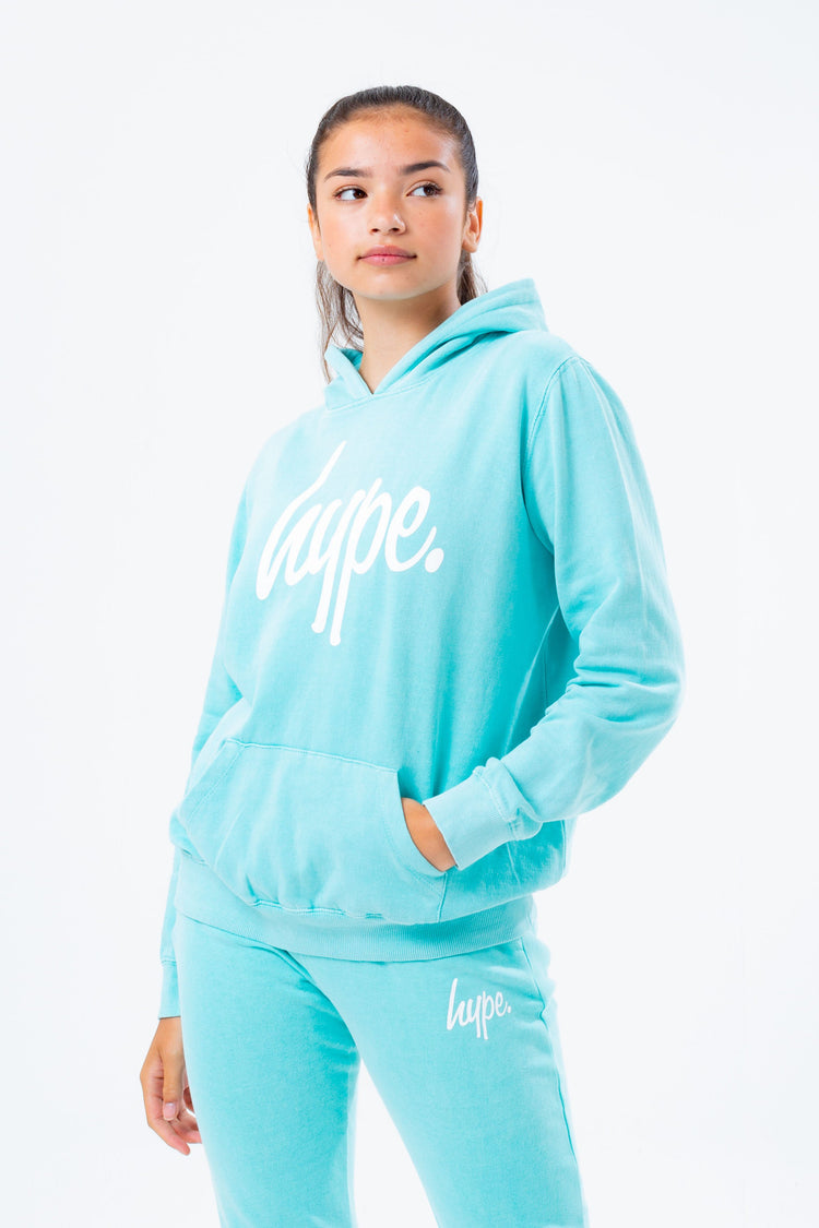 HYPE WASHED MINT SCRIPT LOGO KIDS PULLOVER HOODIE